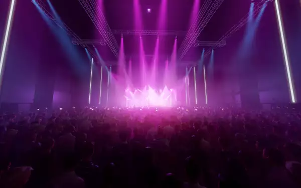 A computer generated render showing a concert in the Warehouse of Factory International. A large crowd fills the space, while the stage in the distance is lit with purple and blue spotlights.