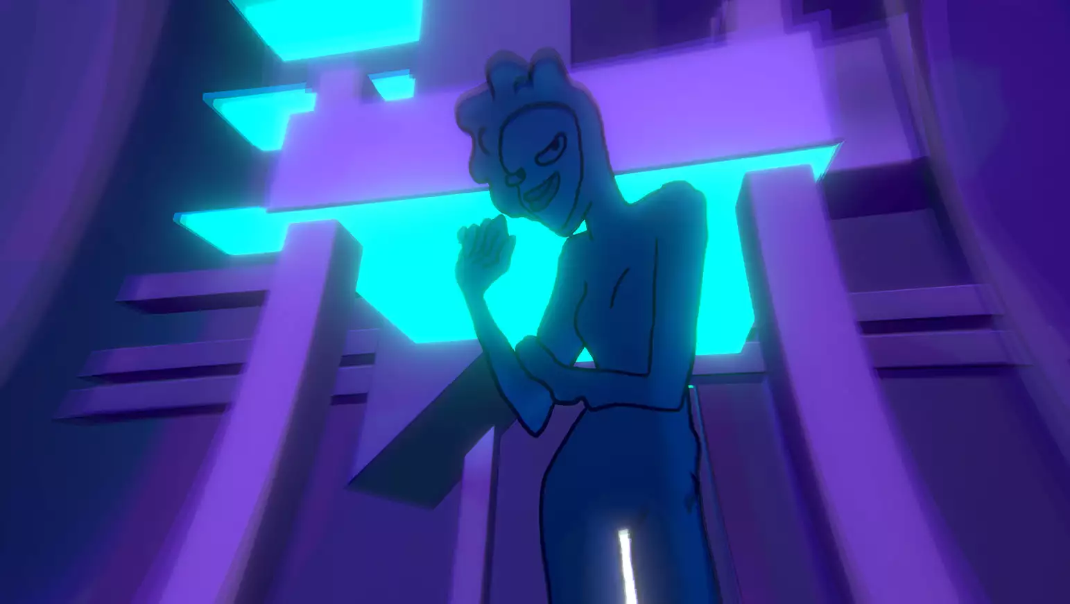 A screenshot from Songs of the Lost, showing a cartoon humanoid figure standing in front of a neon purple archway