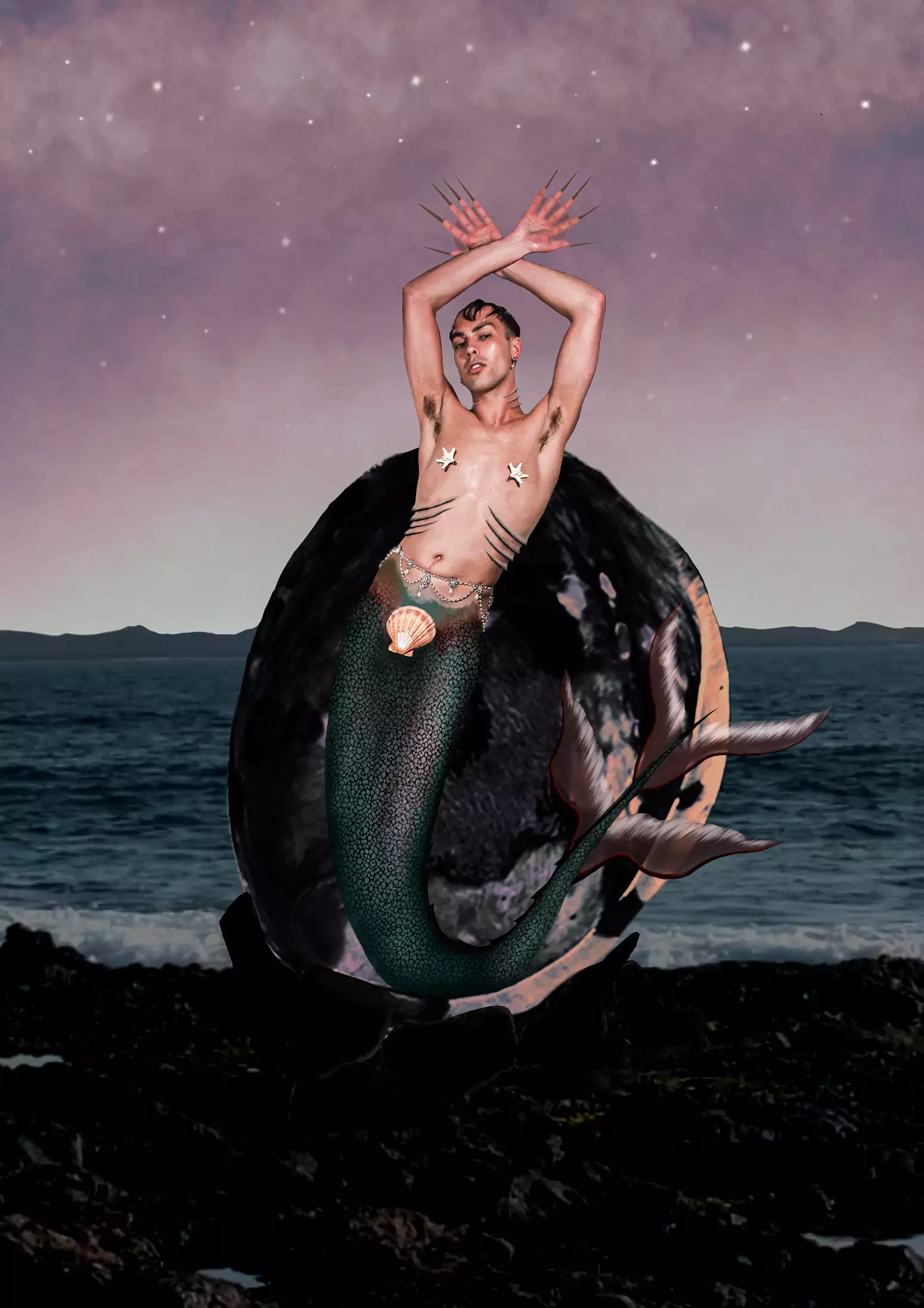 A person rests against a large shell with the ocean in the background. The lower half of their body is a fishtail.