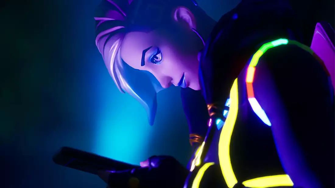 A screenshot of LaTurbo Avedon in Fortnite Creative - they are shot from the left side, and their face is lit by the blue light of the phone they are looking at.