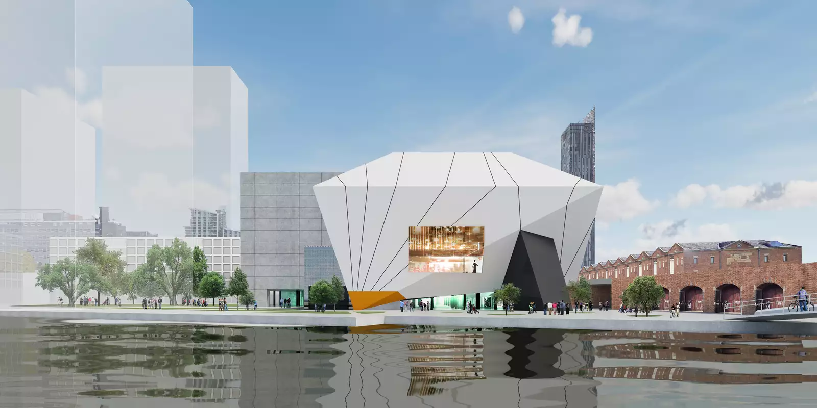 Artists impression of The Factory building from across a river during the day