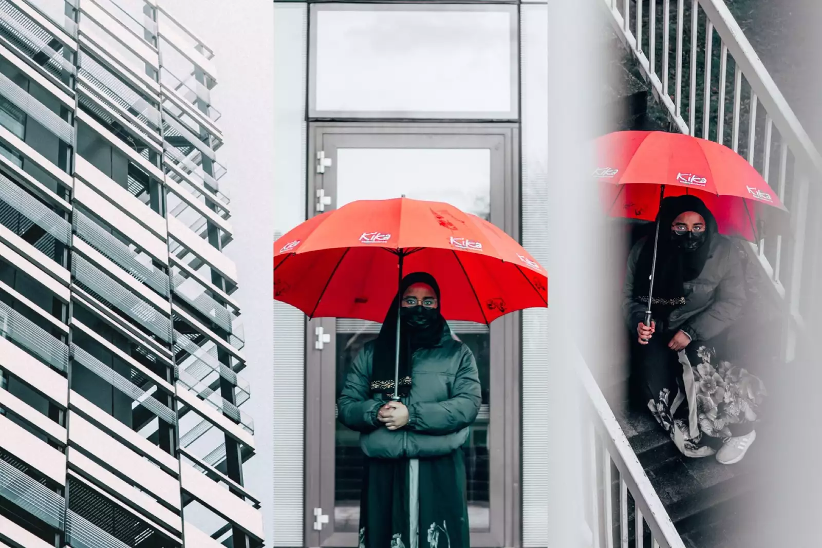 A set of three images together. On the left is a tall building with glass and metal panels of irregular length arranged horizontally, with gaps in between the panels. In the middle, Ebyan is now wearing glasses, a mask and holds a red umbrella in front of a door. On the right, she is holding the umbrella while sat on concrete steps with grey railings either side.