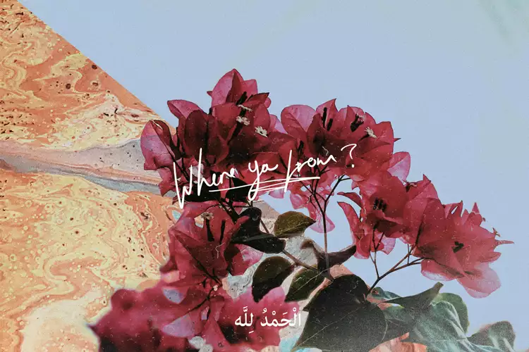 Pink flowers on a stem with leaves. The background is split diagonally between marbled, sandy orange swirls on the left and light blue on the right. The image looks slightly faded, as if from age. Over the flowers in cursive, underlined handwriting reads: “Where you from?” The Arabic text at the bottom reads: ٱلْحَمْدُ لِلَّٰه