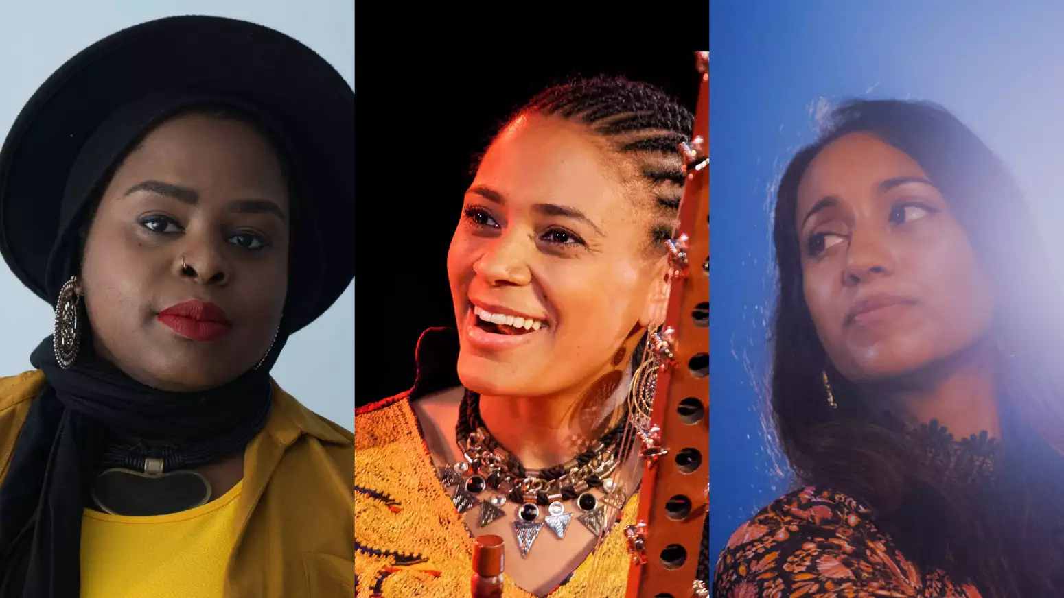 Photographic portraits of Muneera Williams, Sona Jobarteh with her kora harp, and Abi Sampa