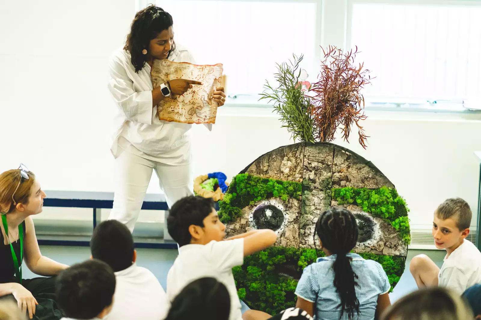 A teacher holding up a map and facing a group of school children