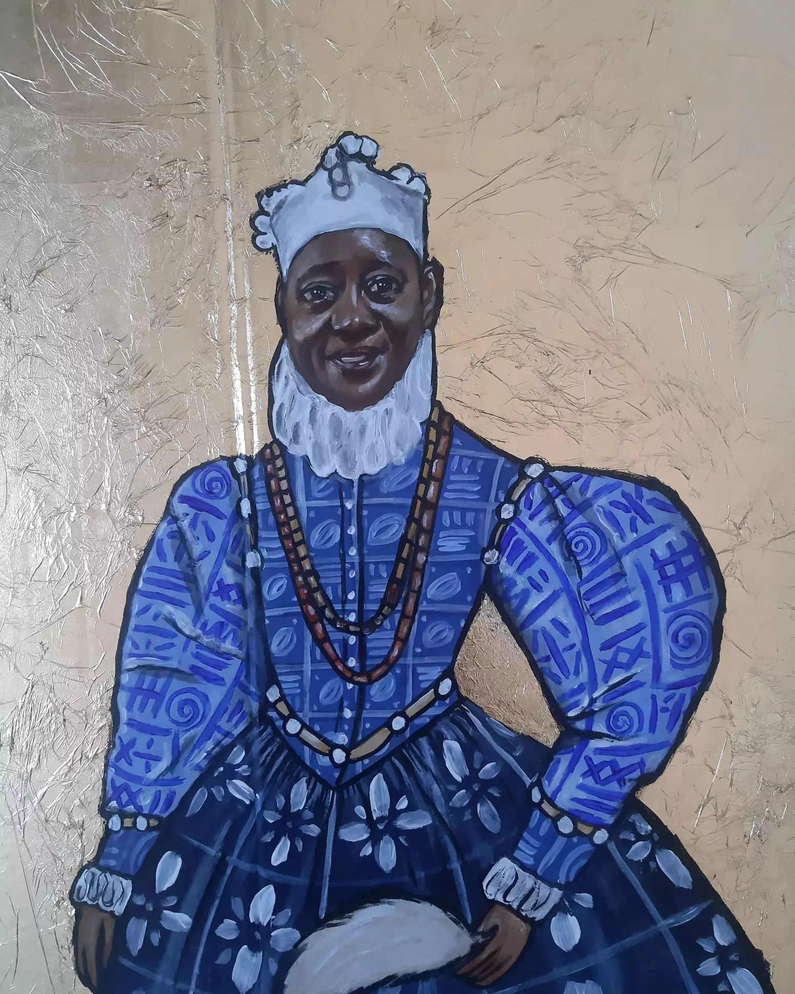 A portrait painting of a Black queen wearing a mixture of traditional European Tudor dress and West African prints