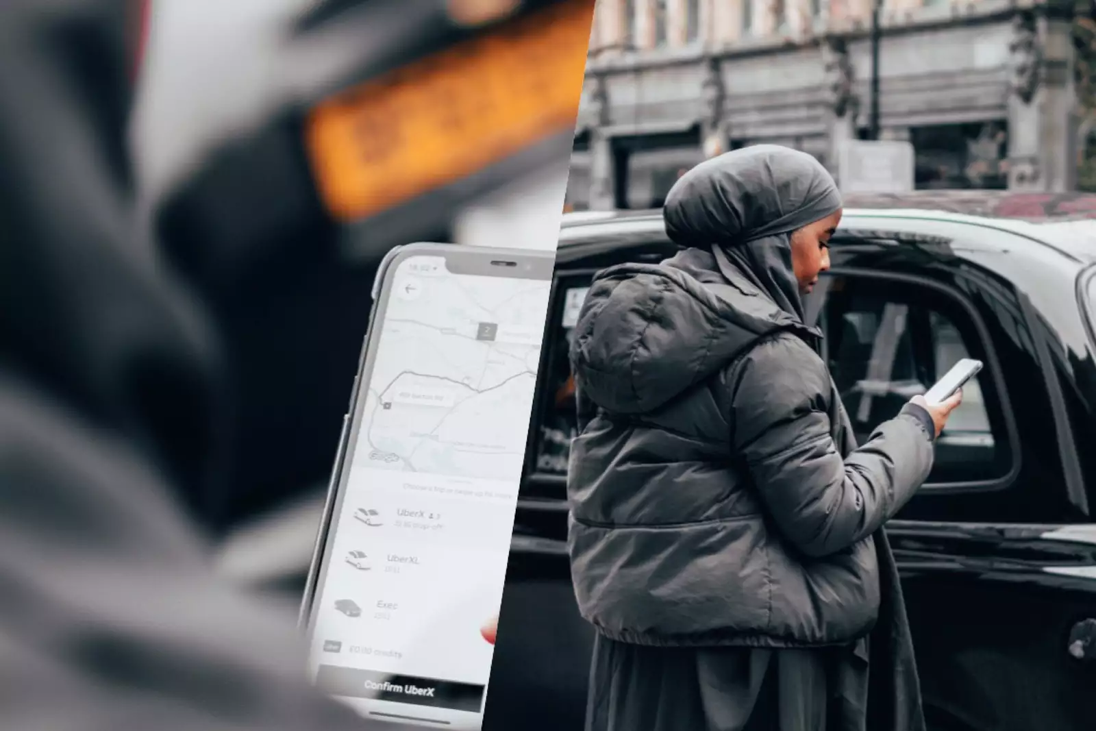 Two photos next to each other, separated by a slanted line down the middle. On the right, we look over the Ebyan’s shoulder and can see her holding her phone, which shows her Uber route and vehicle options. On the right, we see her from further away, looking at her phone in front of a black cab.