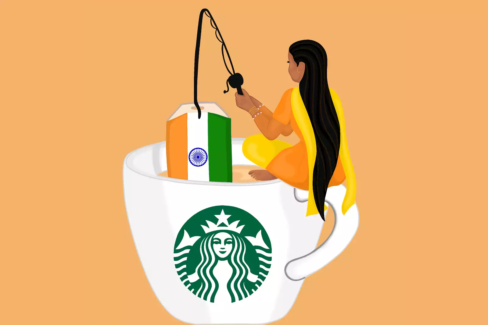 Illustration on light brown background of a woman in an orange and yellow salwar kameez, who sits cross-legged on top of a large cup that is decorated with the Starbucks logo and filled with tea. In her hand, she is holding a black fishing rod, which has a teabag with the Indian flag hooked onto the end.