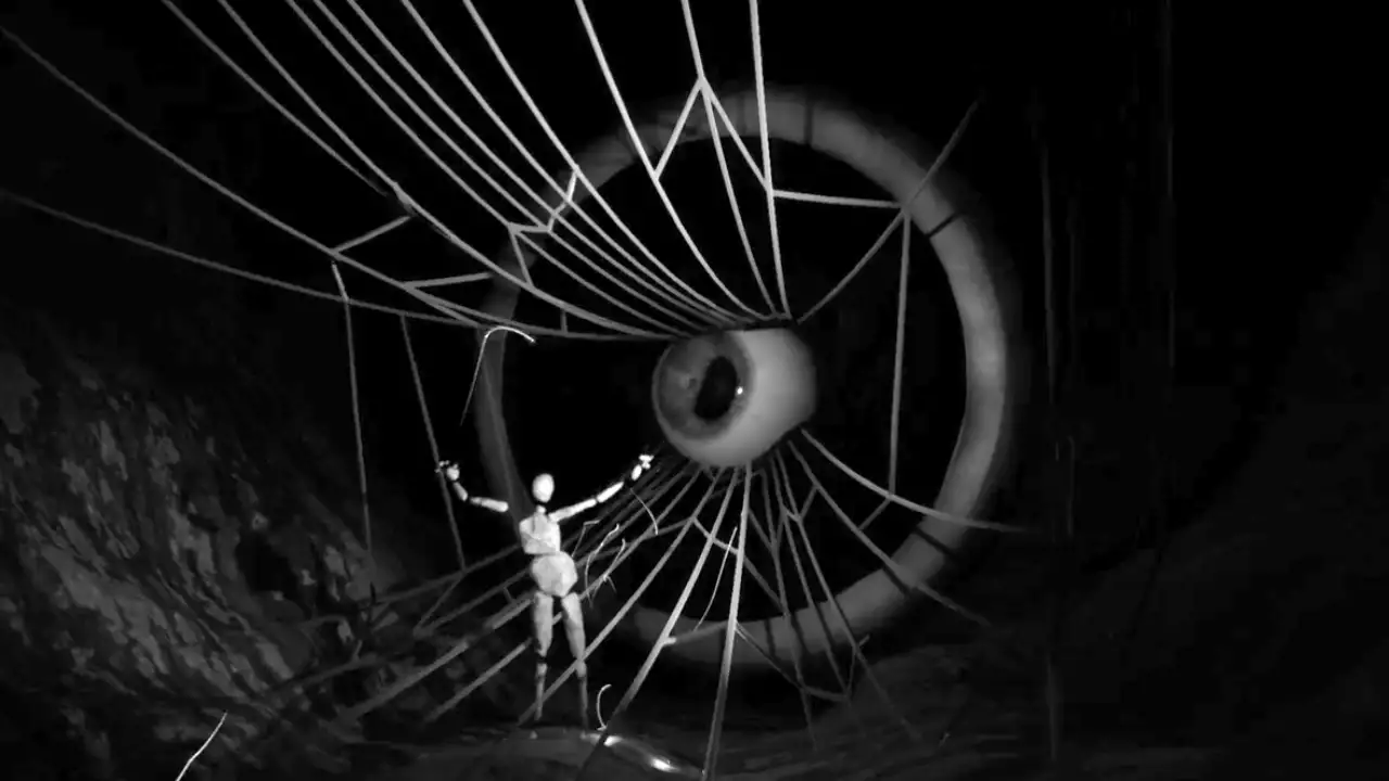A digital image where a stone humanoid figure (Puck) stands in front of a large eyeball with long cobwebs for eyelashes (Cobweb)